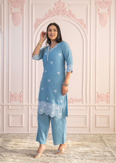 Powder Blue Embroidered Cotton Kurta with Palazzo & Lace Work-P1307POWDERBLUE